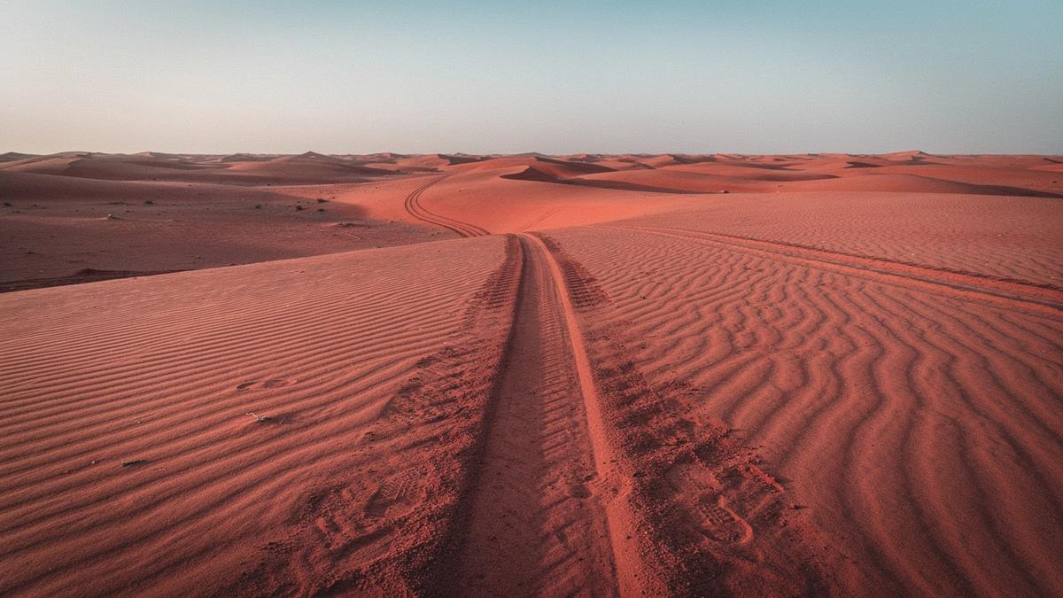 Tyre track running across red dunes outside Dubai at first light