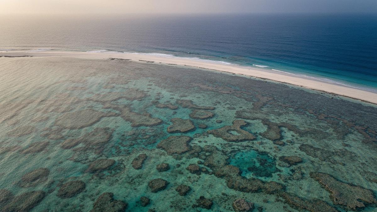 Aerial view of a shallow Maldivian reef with pale turquoise water and a sand edge